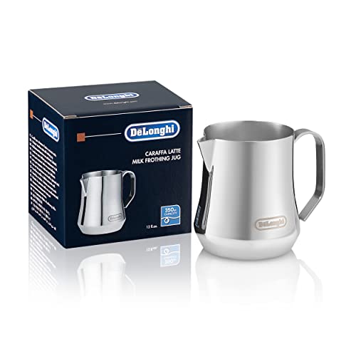 DeLonghi Stainless Steel Milk Frothing Pitcher 12 ounce (350 ml) Barista Tool Frother Jug for Espresso Machine Coffee Cappuccino Latte Art DLSC0 12 oz