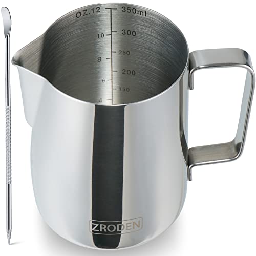 Milk Frothing Pitcher 12oz Espresso Steaming Pitchers Stainless Steel Milk Coffee Cappuccino Barista Steam Pitchers Milk Jug Cup with Decorating Pen Latte Art