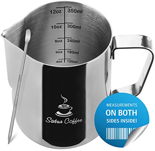 Milk Frothing Pitcher 12oz  Milk Frother Pitcher 12 20 30oz  Measurements on Both Sides Plus eBook  Milk Frother Cup Espresso Cappuccino Coffee Latte Art Stainless Steel Jug Steaming Pitcher
