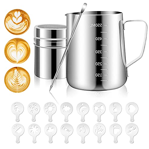 Milk Frothing Pitcher 20oz600ml Stainless Steel Steam Pitchers for Milk Coffee Cappuccino Latte Art Milk Jug Cup with Decorating Art Pen Powder Shaker 16 pieces coffee decorating stencils