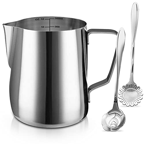Milk Frothing Pitcher Jug  12oz350ML Stainless Steel Coffee Tools Cup  Suitable for Espresso Latte Art and Frothing Milk Attached Dessert Coffee Spoons