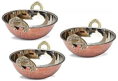 Set of 4 Indian Copper Serveware Karahi Vegetable Dinner Bowl with Handle for Indian Food Diameter 15 Cm