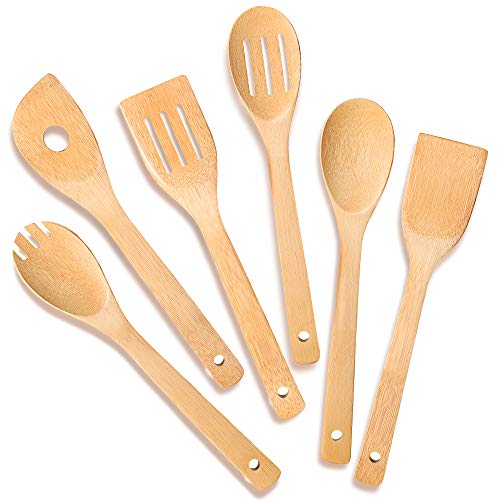 IOOLEEM Cooking Utensil Set (6 Natural Bamboo) wooden spoons for cooking spatula set wooden utensils for cooking bamboo utensils wooden spatula for cooking