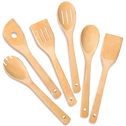 IOOLEEM Cooking Utensil Set (6 Natural Bamboo) wooden spoons for cooking spatula set wooden utensils for cooking bamboo utensils wooden spatula for cooking