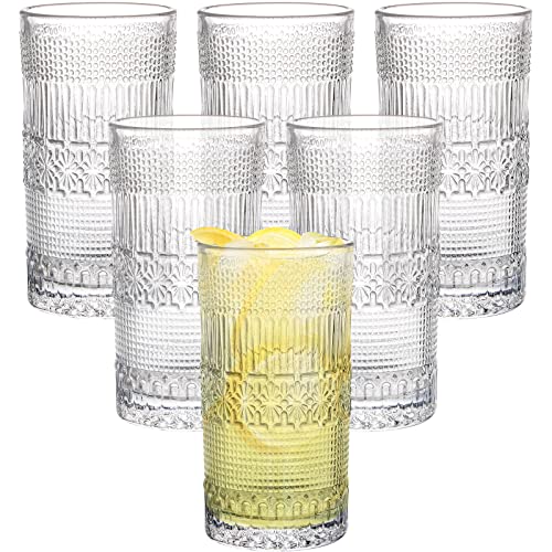 Coloch 6 Pack 13 Oz Romantic Water Glasses Carved Drinking Glasses Tumbler Heavy Duty Highball Glasses Vintage Glassware Set for Beer Milk Beverages Home Bar Restaurant
