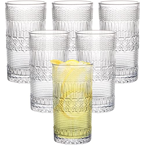 Coloch 6 Pack 13 Oz Romantic Water Glasses Carved Drinking Glasses Tumbler Heavy Duty Highball Glasses Vintage Glassware Set for Beer Milk Beverages Home Bar Restaurant