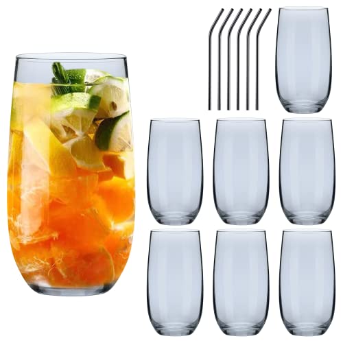 Highball Glasses Set of 816 OZ Tall Drinking Glass CupsGray Glassware Drinking Sets with StrawsClassic Water Glass Tumblers Reusable Cocktail Juice GlassesWhiskey Glasses