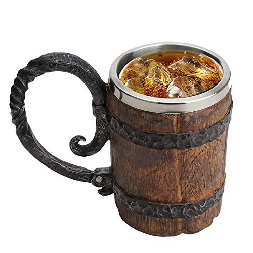 550ML Viking Drinking Cup Stainless Handmade woodstyle Beer mug for husband gift Resin Beer Stein Tankard Coffee Mug Tea Cup Wooden Gift Antique Mens Barrel Capacity