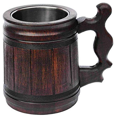 Handmade Beer Mug (10 OZ) Wooden Tankard Beer Stein Oak Wood Stainless Steel Cup Gift Natural EcoFriendly