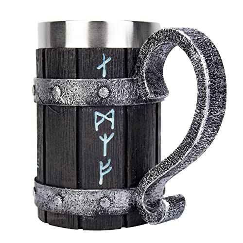 Nordic Viking Rune Mug Tankard Stainless Steel Wooden Resin 3D Norse Decor Coffee Cool Gothic Beer Tankard Stein Cup Mugs 20oz
