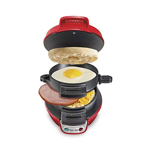 Hamilton Beach Breakfast Sandwich Maker with Egg Cooker Ring Customize Ingredients Perfect for English Muffins Croissants Mini Waffles Single Red