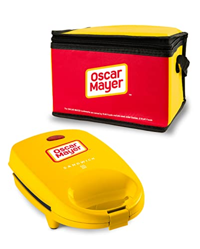 Oscar Mayer Sandwich Maker with Beverage Cooler Bag 5Inch Nonstick Cooking Surface with Indicator Lights and Lock Feature Lunch and Beverage Tote Included Yellow
