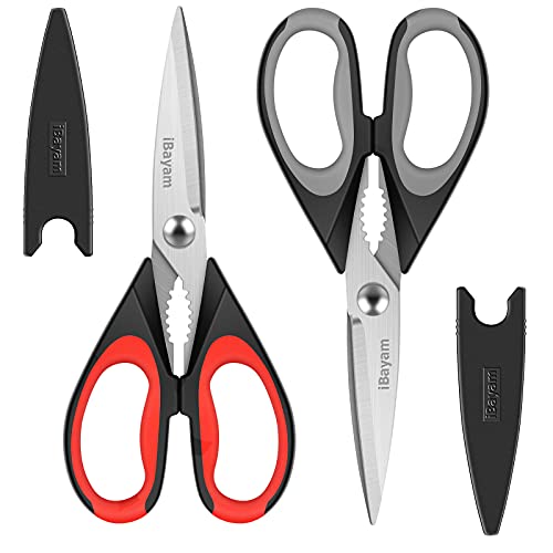 Kitchen Shears iBayam Kitchen Scissors Heavy Duty Meat Scissors Poultry Shears Dishwasher Safe Food Cooking Scissors All Purpose Stainless Steel Utility Scissors 2Pack (Black Red Black Gray)