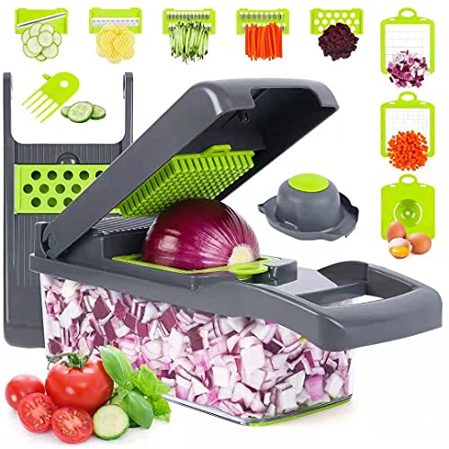 Vegetable Chopper Onion Chopper Mandolin SlicerPro 10 in 1professional food Choppermultifunctional Vegetable Chopper and Slicer Dicing Machine AdjustableVegetable Cutter With Container(grey)