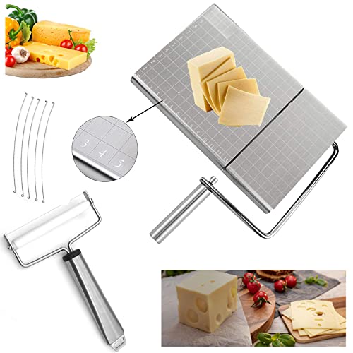 Stainless Steel Cheese SlicerCheese Slicer Board with Adjustable Accurate Size Scale Thickness Cheese Cutter for Cutting Cheese Butter Sausage Include 5 Replacement Wires