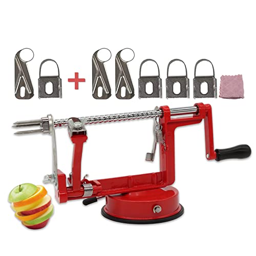 Apple Peeler Slicer Corer Potato Peelers 3 In 1 Stainless Steel Heavy Duty Suction Cup Base And 5 Extra Blades Included As Well As Cleaning Tool (red)