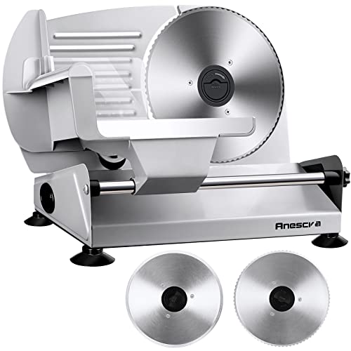 Anescra Meat Slicer 200W with Two Removable 75 Stainless Steel Blades Home Use Electric Deli Food Slicer with Food Carriage Child Lock Protection Adjustable Thickness Food Slicer Machine Silver2