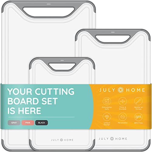 Cutting Boards for Kitchen  Plastic Cutting Board Set of 3 Dishwasher Safe Cutting Boards with Juice Grooves Thick Chopping Boards for Meat Veggies Fruits Easy Grip Handle NonSlip (Gray)