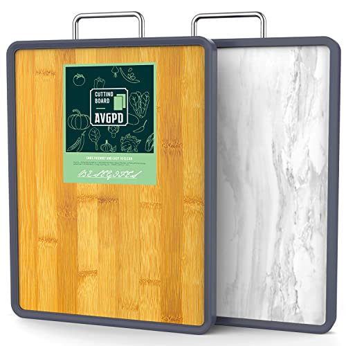 Double Sided Cutting Boards for Kitchen  Large Bamboo and Plastic Cutting Board Dishwasher Safe Chopping Board Reversible used for Meat Veggies Fruits Easy Grip Handle NonSlip (BPA FREE)