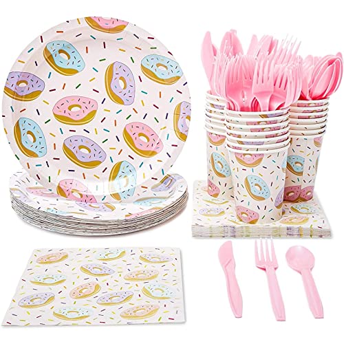 144 Piece Donut Grow Up Party Supplies with Plates Napkins Cups Cutlery Dinnerware Set for Two Sweet Birthday Decorations (Serves 24)
