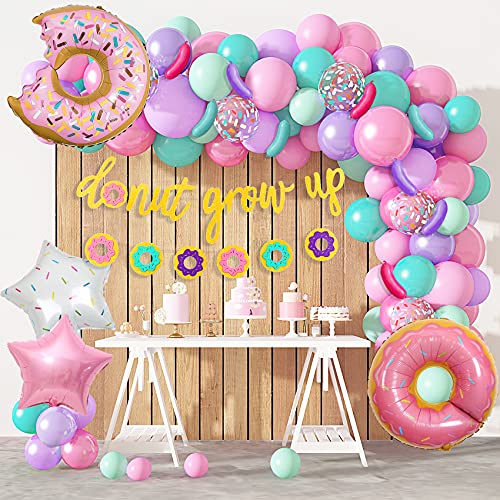 Donut Birthday Party Decorations Donut Balloons Garland Kit Donut Grow Up Party Supplies Banners Pink Aqua Blue Confetti Latex Foil Balloons for Girl Birthday Party Baby Shower Decorations