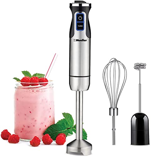 Mueller UltraStick 500 Watt 9Speed Immersion MultiPurpose Hand Blender Heavy Duty Copper Motor Brushed 304 Stainless Steel With Whisk Milk Frother Attachments