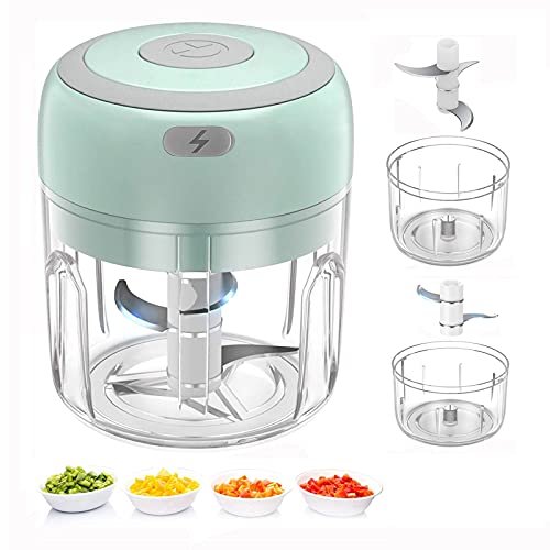 Electric Mini Food Chopper Rechargable Small Food Processor for Garlic Puree Onion Herb Veggie Ginger Fruit Blender (250ml100ml 2 cups Green)
