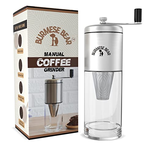 Burmese Bear  Manual Coffee Grinder with Ceramic Conical Burr Mill Portable Hand Coffee Grinder with Built in Filter for Coffee Beans Adjustable Grind Setting with Ergonomic Handle  NEW LAUNCH