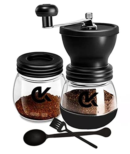 COOLKITS Manual Coffee Grinder with Ceramic Burrs Coffee grinder Manual with Glass Jars(11oz each) Hand Coffee grinder available with Brush and Tablespoon