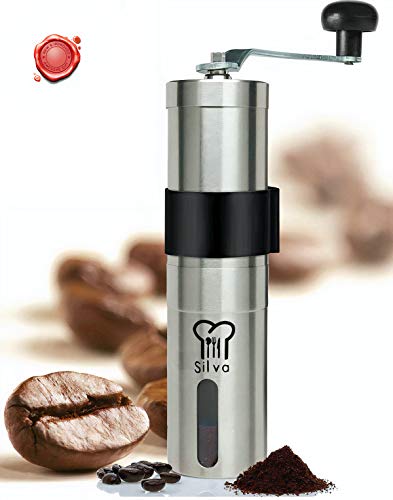 Silva Manual Coffee Grinder  Hand Coffee Bean Grinder  Ceramic Burr Coffee Mill for French Press Espresso Turkish Aeropress  Brushed Stainless Steel  Bonus Scoop