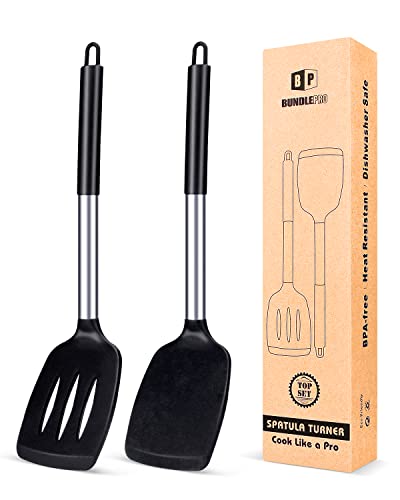 Pack of 2 Silicone Solid Turner Non Stick Slotted Kitchen Spatulas High Heat Resistant BPA Free Cooking Utensils Ideal Cookware for Fish Eggs Pancakes (Black)