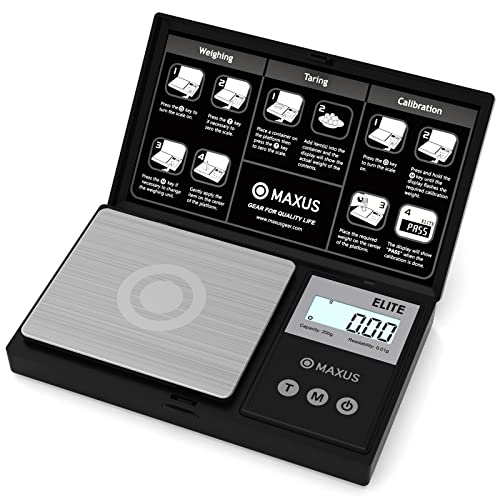 Precision Pocket Scale 200g x 001g MAXUS Elite Digital Gram Scale Small Scale Mini Food Scale Jewelry Scale Ounces Grains Scale Easy to Carry Great for Travel Backlit LCD Stainless Steel