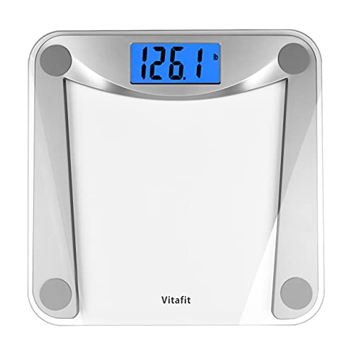 Vitafit Digital Body Weight Bathroom ScaleFocusing on High Precision Technology for Weighing Over 20 Years Extra Large Blue Backlit LCD and StepOn Batteries Included 400lb180kgClear Glass