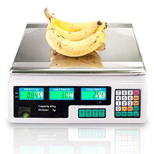 88LB 40KG Electronic Price Computing Scale  Digital Deli Food Produce Weight Scales Counting Equipment with LCD Display for Retail Outlet Store Kitchen Restaurant Food Meat Fruit (White)