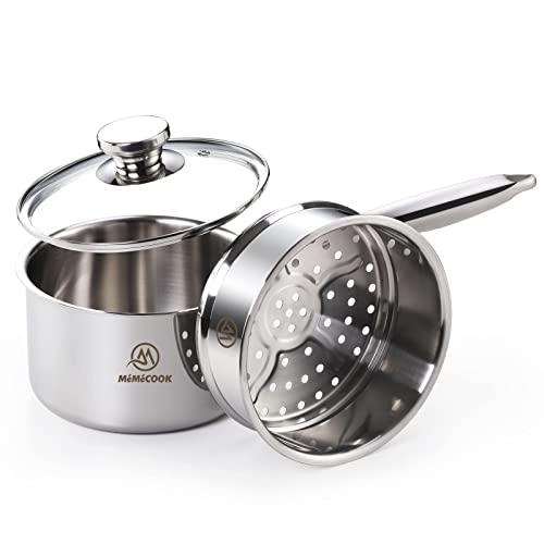 MÉMÉCOOK 2 Quart Saucepan With Lid Stainless Steel Pot Sauce Pan Cooking Pot Saucepans with Steamer Basket Stainless Steel Pots Small Saucepan Small Pots For Cooking Small Pot cooking pots