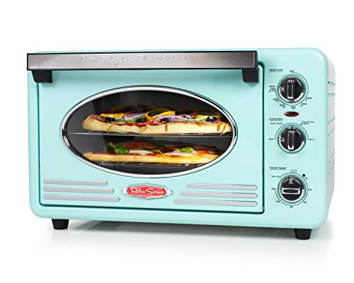 Nostalgia RTOV2AQ LargeCapacity 07Cu Ft Capacity MultiFunctioning Retro Convection Toaster Oven Fits 12 Slices of Bread and 212Inch Pizzas Built In Timer Includes Baking Pan Aqua