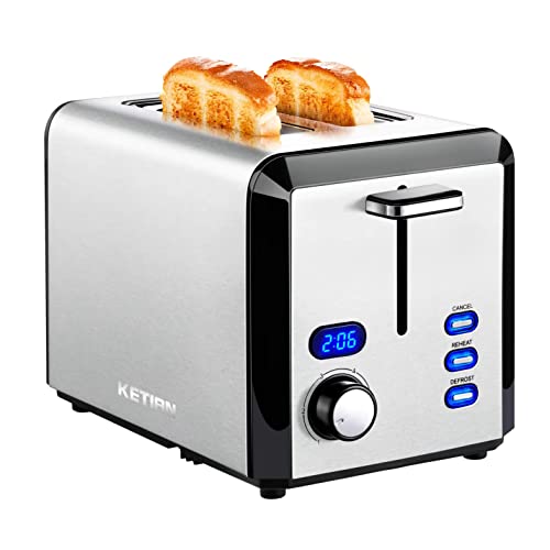KETIAN Toaster 2 Slice Stainless Steel Digital Toaster with Countdown Timer  Easy to Use 800W 6 Toast Settings Reheat Defrost Cancel Functions Removable Crumb Tray Extra Wide Slots Bread Toaster…