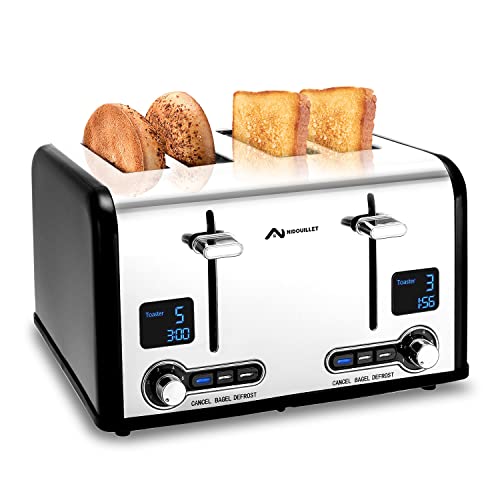 Nidouillet Toaster 4 SliceStainless Steel ExtraWide Slot Toasterwith 2 Independent LED Digital Screen Smart Toaster for BreadBagelWaffle AB0225