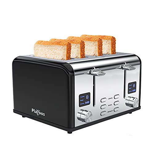 Playoos Toaster 4 Slice Stainless Steel Toaster with LED Digital Timer Dual Screens Extra Wide And Long Slots Bagel Toaster 6Shade Setting With Retro High Lift Lever and Removal Crumb Tray