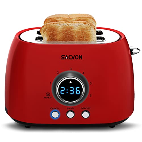 Toaster 2 Slice Red SACVON Retro Toaster Stainless Steel Toaster with Digital Countdown Timer Bagel Defrost Reheat Cancel Function 6 Shade Settings Extra Wide Slots Removable Crumb Tray