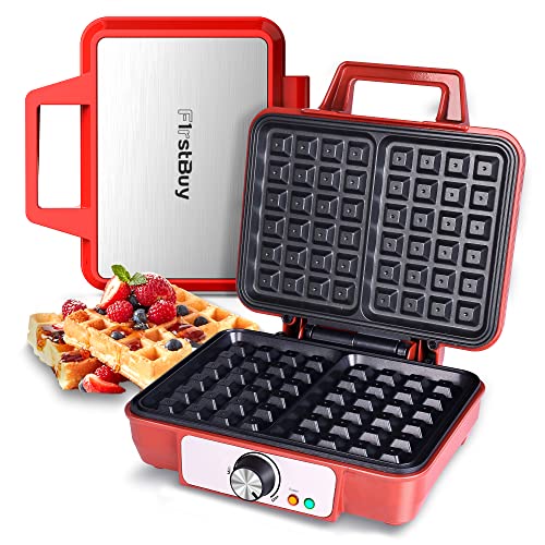 FirstBuy Belgian Waffle Maker 1080W Small Waffle Iron with Adjustable Temperature Control Knob 2 Slices Square NonStick Waffle Machine with Cooltouch Handle and Indicator Lights for Children Red