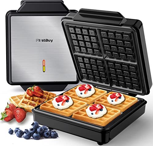 FirstBuy Belgian Waffle Maker 1200W Waffle Iron with Indicator Lights for Breakfast 4 Slices Square NonStick Waffle Machine with Cordwrap for Family Use Black