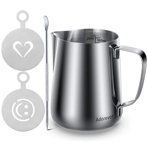 Milk Frothing Pitcher 20oz600ml Steaming Pitchers Stainless Steel Milk Coffee Cappuccino Latte Art Barista Steam Pitchers Milk Jug Cup with Decorating Art Pen  2 Decoration Stencils