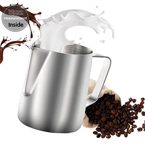 Milk Frothing Pitcher with Measurement Inside 12 oz (350 ml) Stainless Steel Espresso Steaming Pitcher for Milk Coffee Cappuccino Latte Art Espresso Cream Cup Polished Finished