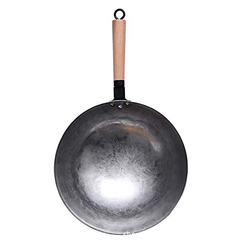 125 Inch Hand Forged Wok Pan Traditional Hand Hammered Carbon Steel Pow Wok with Bamboo Handle and Steel Helper Handle (12inch)