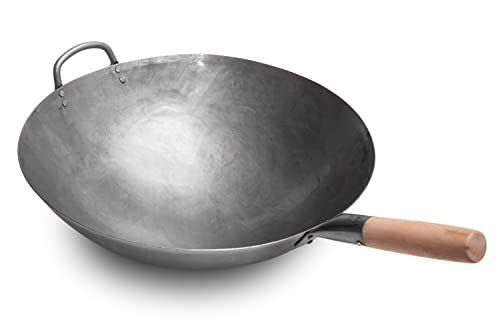 Big 16 Inch Heavy Hand Hammered Carbon Steel Pow Wok with Wooden and Steel Helper Handle (Round Bottom)  731W138 by Craft Wok