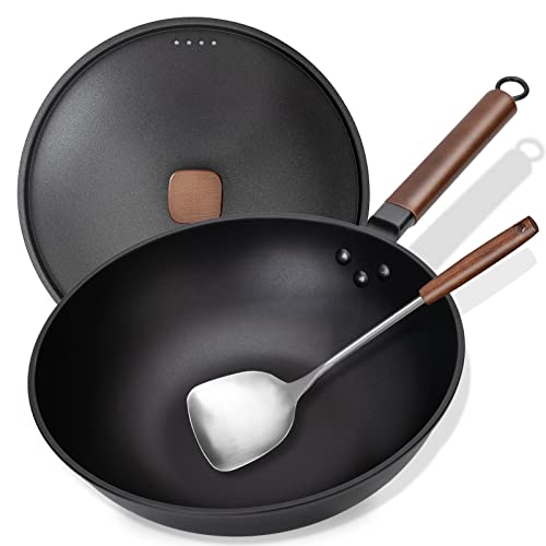 Carbon Steel Wok Eleulife 13 Inch Wok Pan with Lid and Spatula Nonstick Woks and Stirfry Pans No Chemical Coated Flat Bottom Chinese Wok for Induction Electric Gas All Stoves