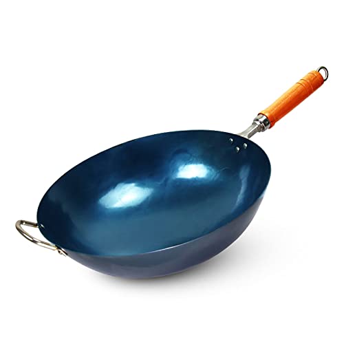 Carbon Steel Wok Pan Round Bottom Pan 127  with Lid Woks  StirFry Pans with Wooden Helper Handle Nonstick No Coating Traditional Chinese Woks