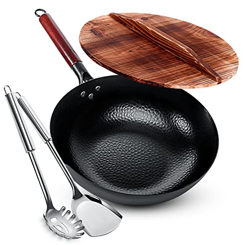 Homeries Wok Pan  128 Woks and Stir Fry Pans Carbon Steel Wok with Wooden Handle and Lid and 2 Spatulas  NonStick Flat Bottom Wok Frying Pan Suitable for Electric Induction and Gas Stoves