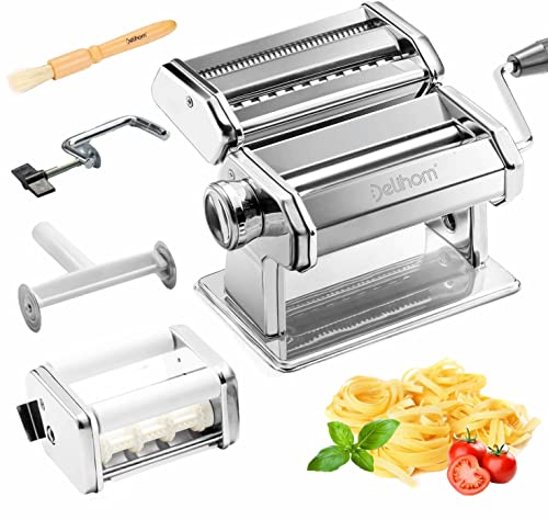 Delihom Pasta Maker  Stainless Steel Pasta Machine Cutter Ravioli Attachment and 4 Piece Pasta Roller Accessories for Homemade Spaghetti and Raviol